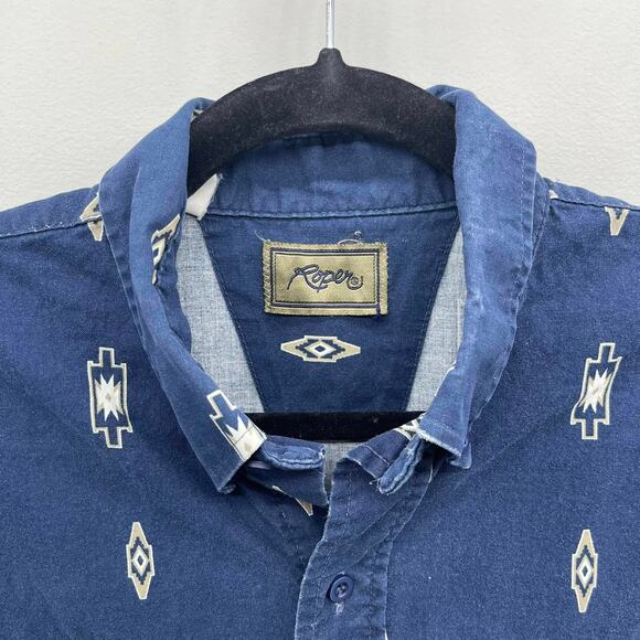 Vintage Roper Western Shirt Mens Large Navy Blue Southwest Print LS Button Down - Picture 4 of 5